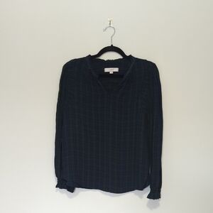 LOFT Navy and Dark Green Plaid V-Neck Top